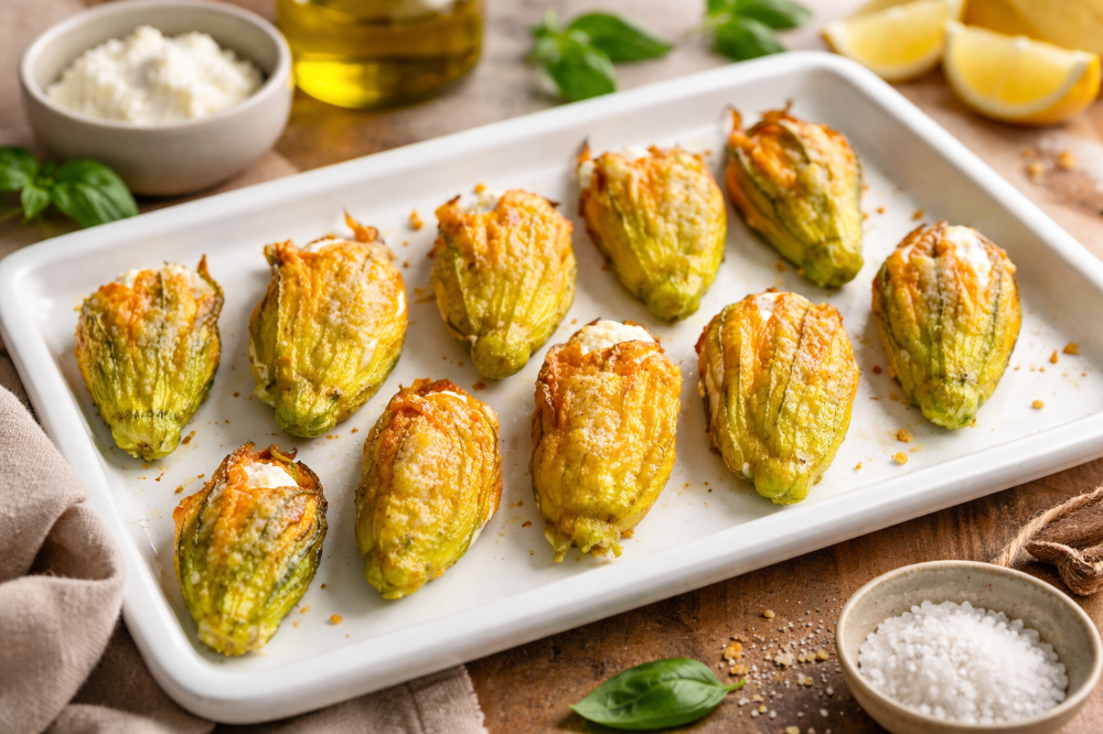 Fiori di zucca ripieni di ricotta, impanati e fritti