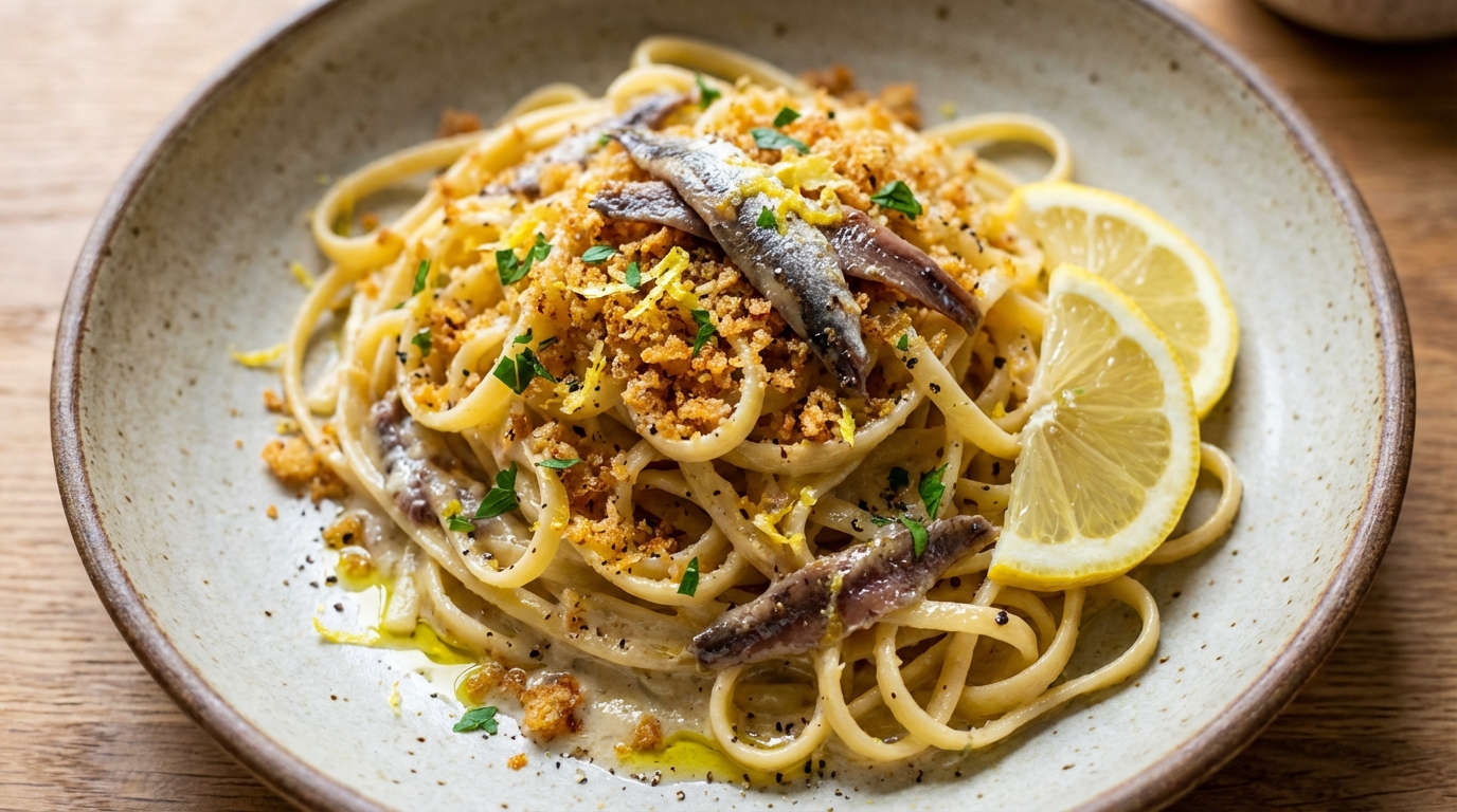 Linguine con acciughe, pangrattato e limone