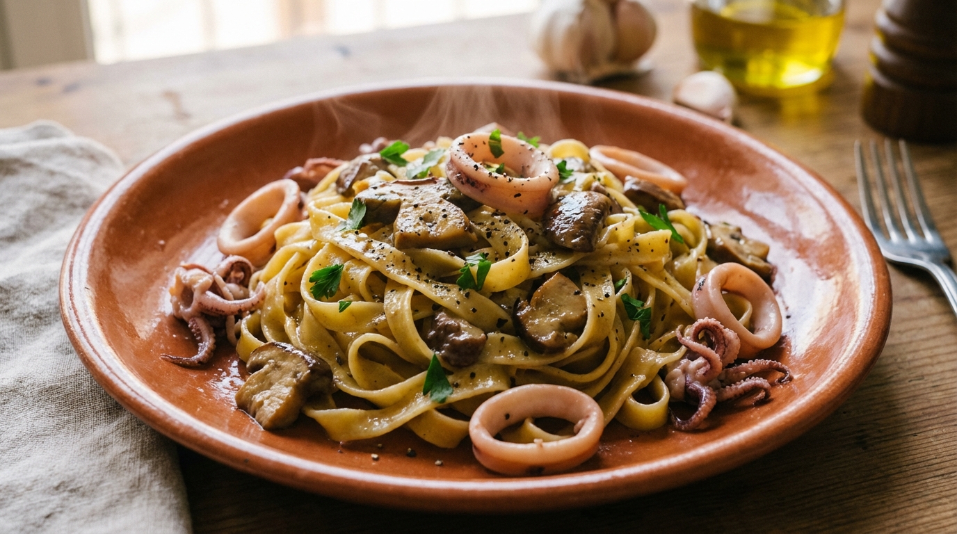 Tagliatelle con Porcini e Totani