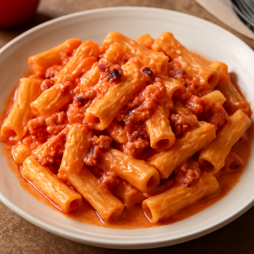 Pasta cremosa al pomodoro e pancetta