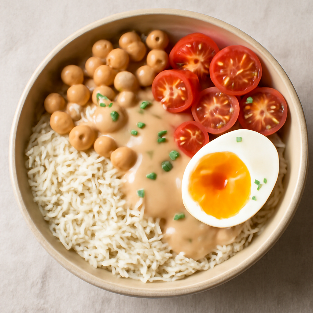 Bowl di riso basmati con uova, pomodorini, ceci e salsa tahina