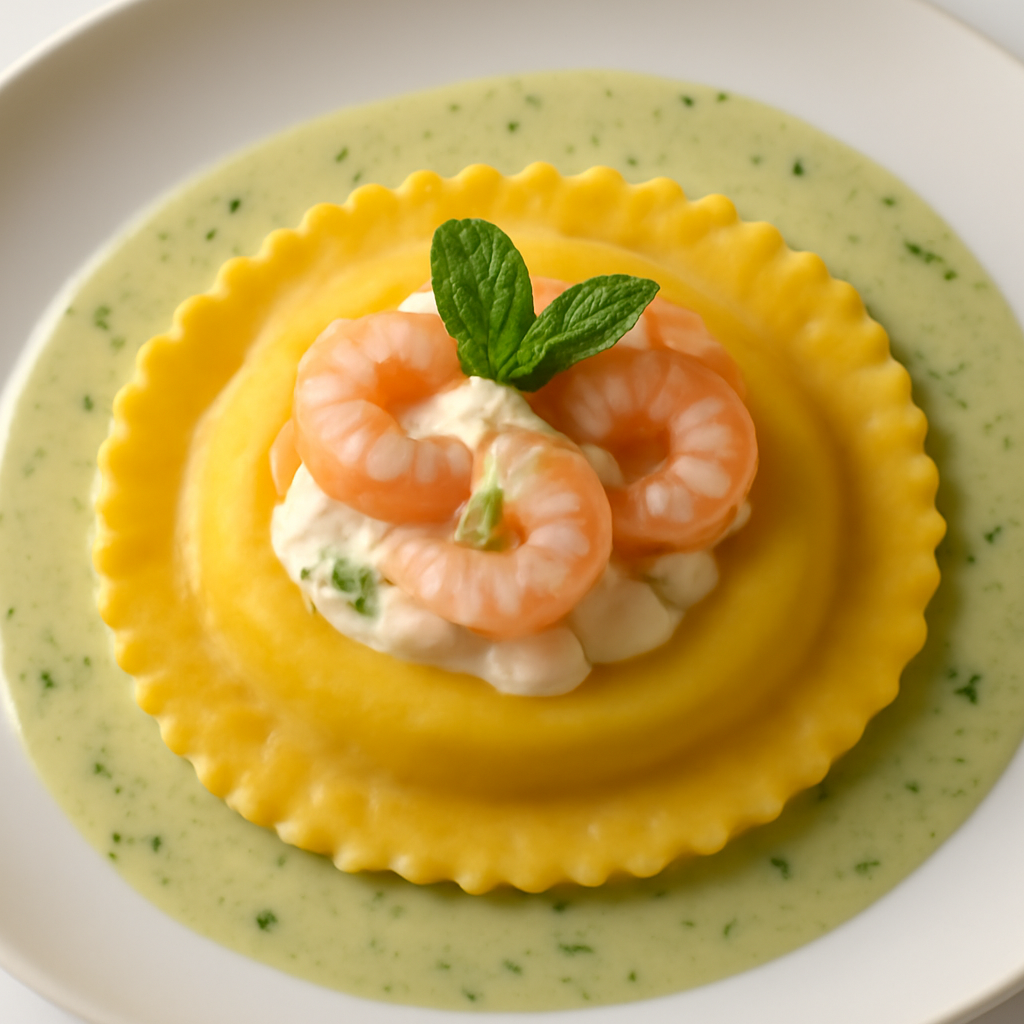 Raviolo gigante ripieno di burrata e gamberi con salsa al lime e menta