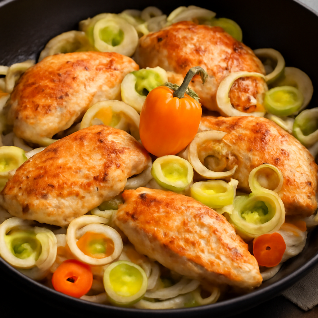 Pollo in padella con cipolla, habanero e porro