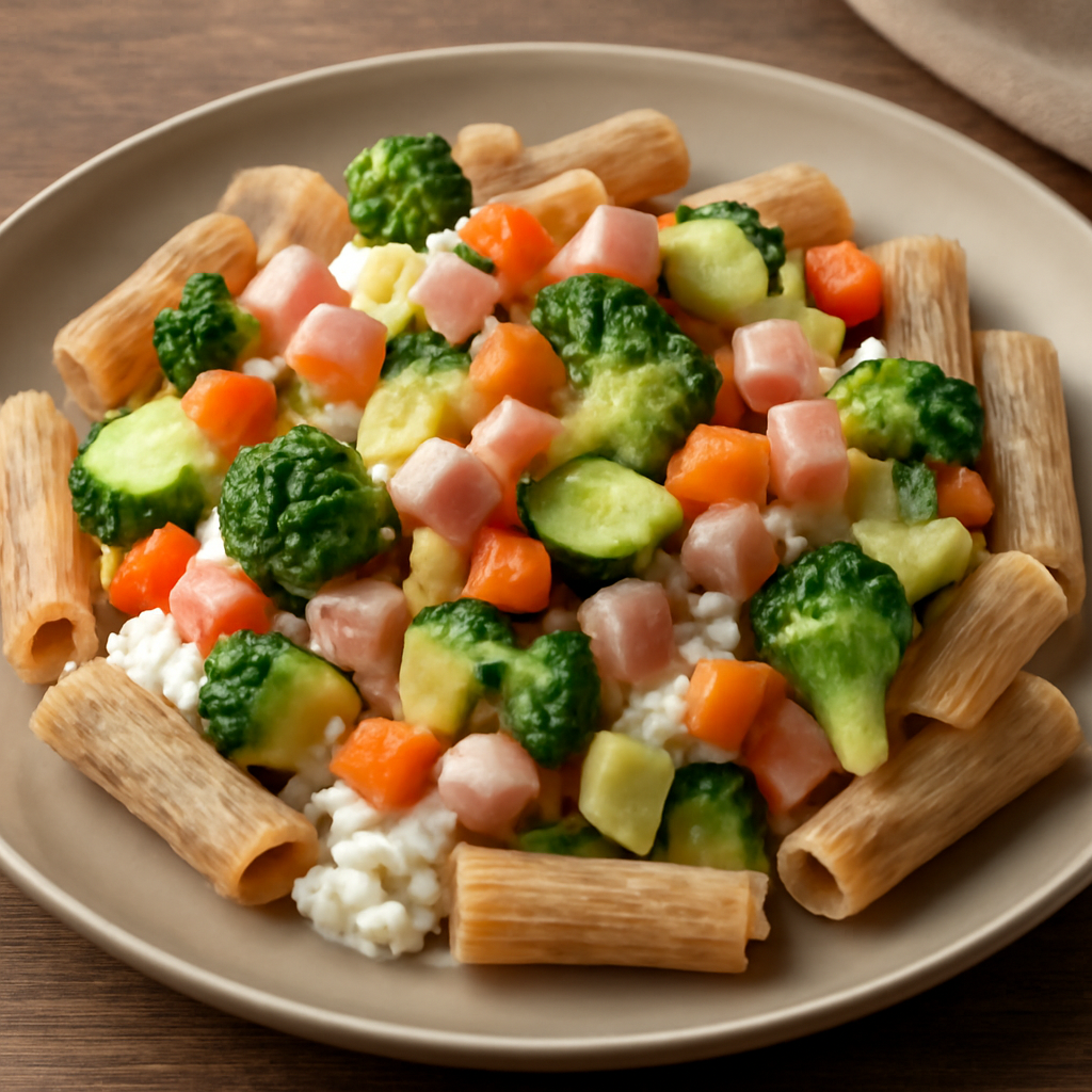 Pasta integrale con ricotta, verdure miste e dadini di prosciutto