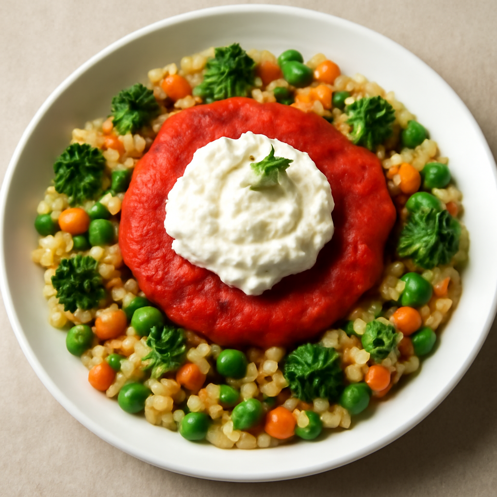 Riso con verdure miste, ricotta e salsa di pomodoro