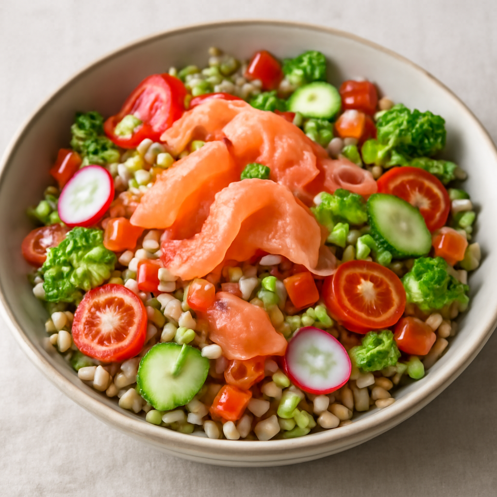 Insalata di cereali integrali con salmone affumicato e verdure croccanti