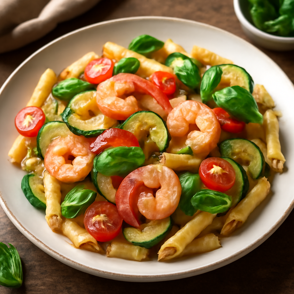 Foto di Pasta con zucchine, pomodorini, basilico fresco e gamberetti