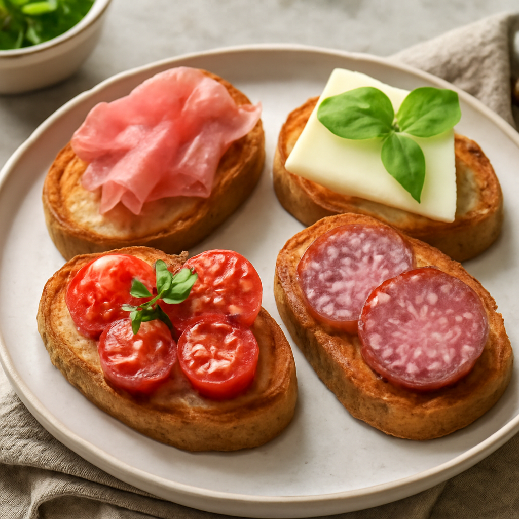 Crostini rustici con salumi, formaggi e pomodori