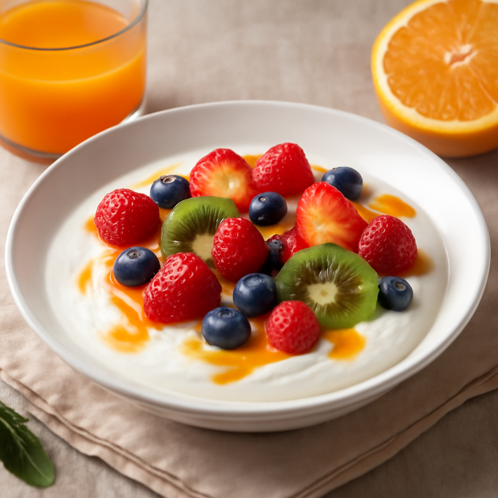 Yogurt greco con succo d’arancia e frutta fresca
