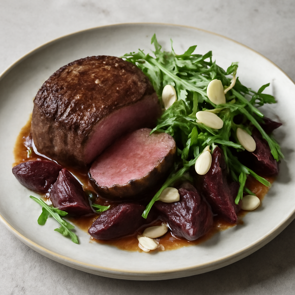 Filetto di manzo con barbabietola, rucola e mandorle