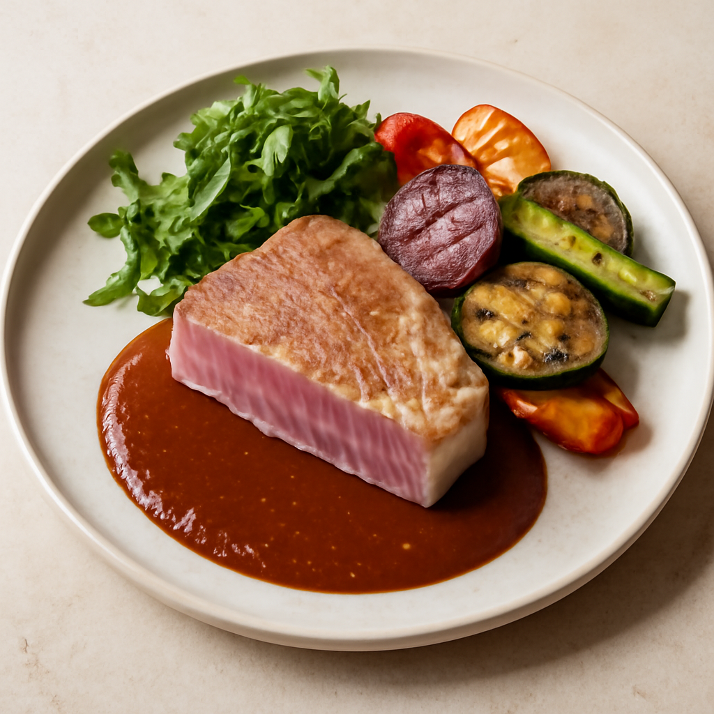 Foto di Tonno con salsa di datteri e verdure grigliate