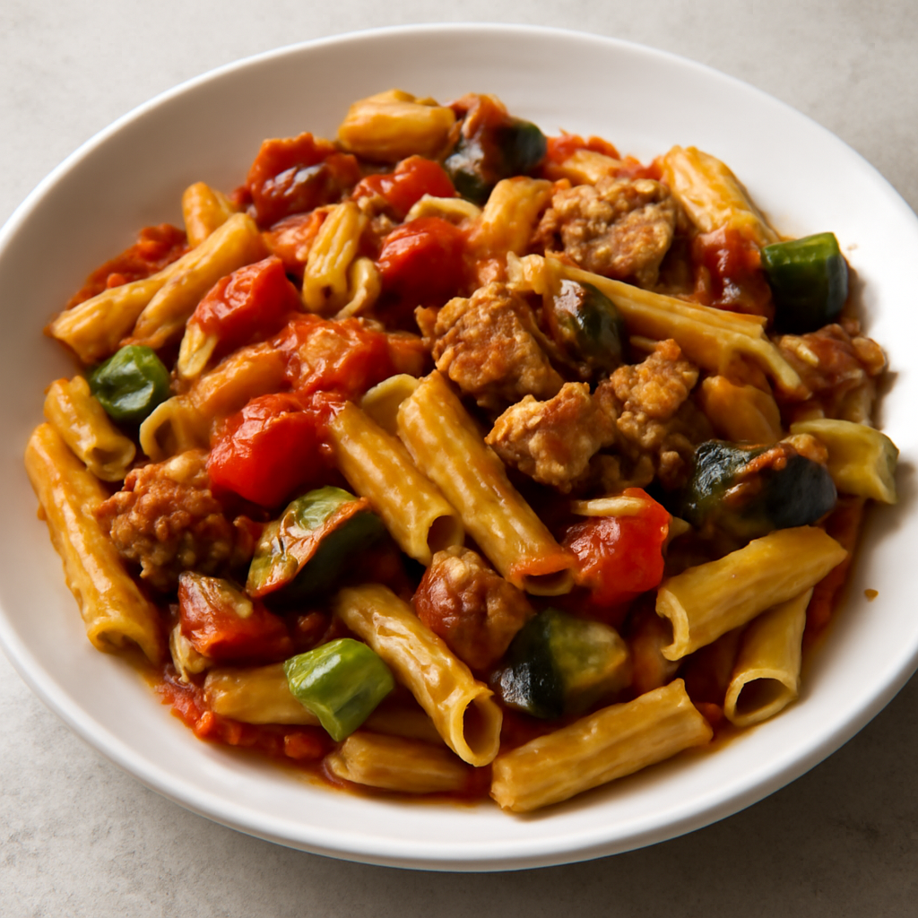 Foto di Pasta con salsa di datterino, tonno, melanzane e zucchine