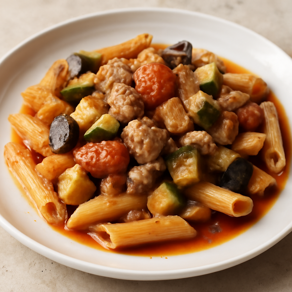 Foto di Pasta con salsa di datterino, tonno, melanzane e zucchine