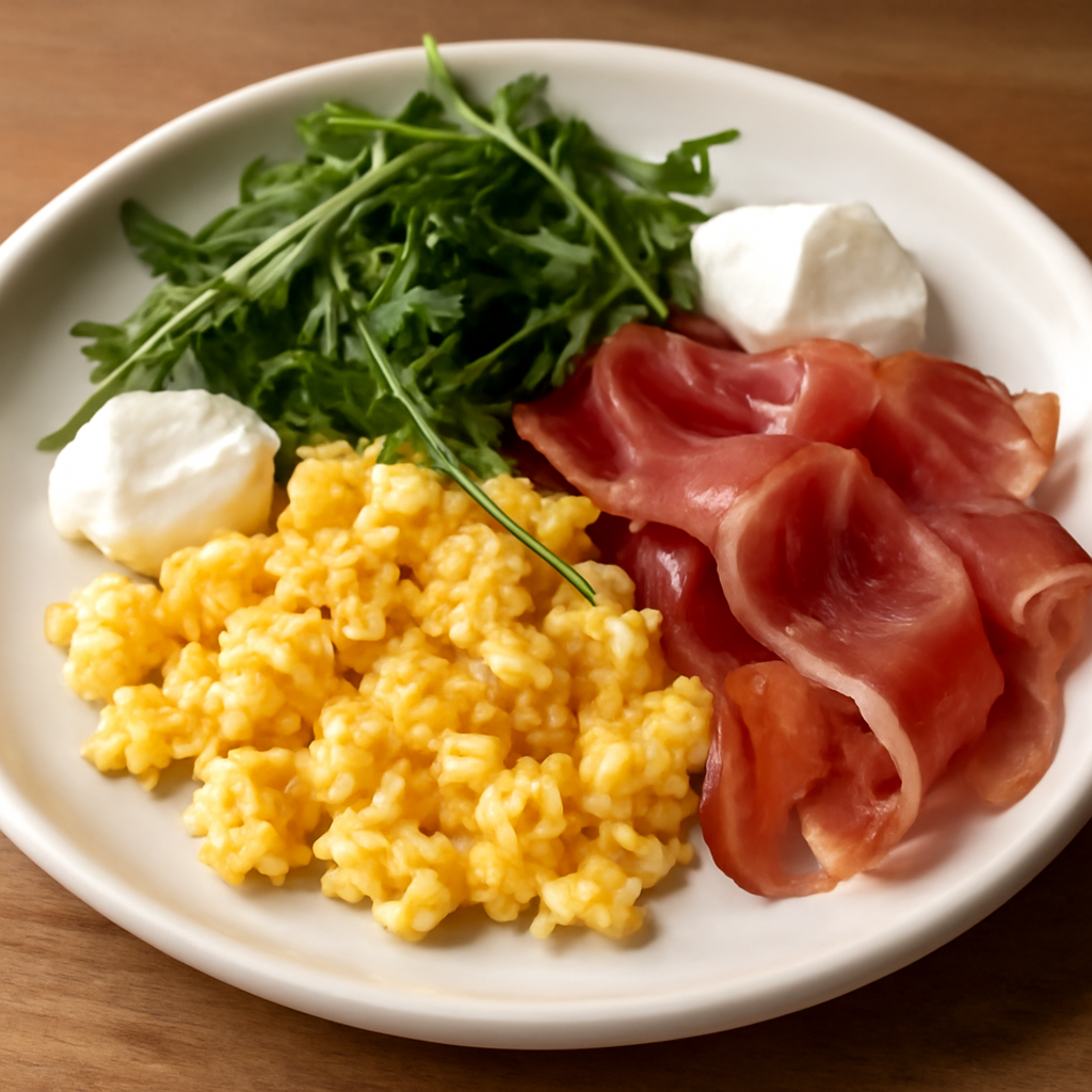 Uova strapazzate con speck, rucola e Philadelphia