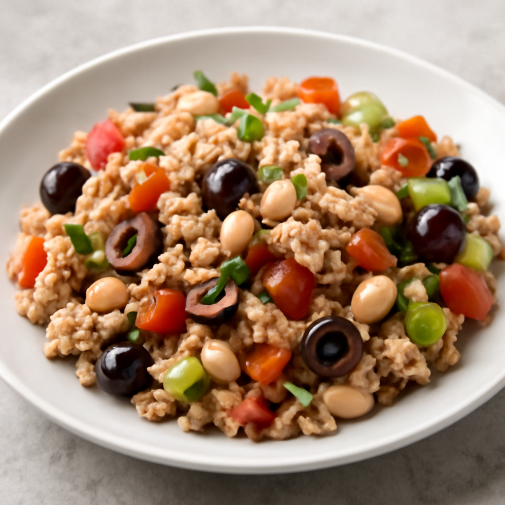 Insalata di farro con tonno, fagioli, olive e verdure