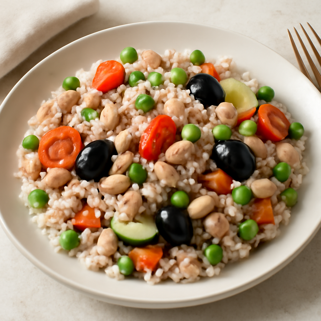 Insalata di riso con tonno, fagioli, olive e verdure
