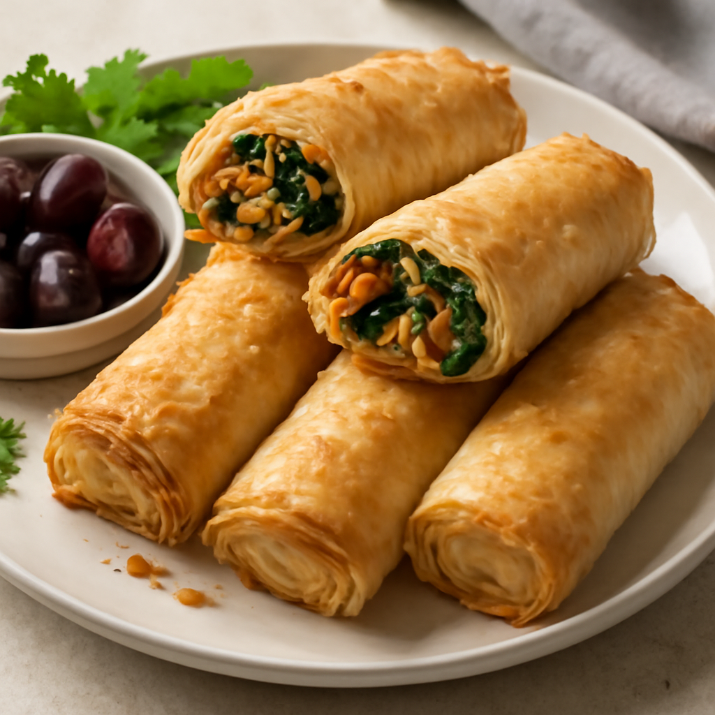 Involtini di pasta fillo vegani con verdure e olive