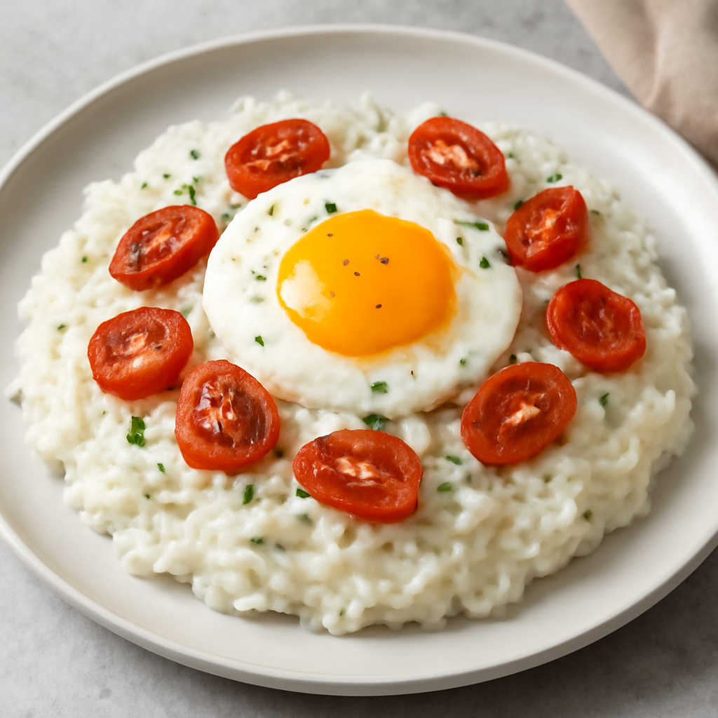 Riso basmati cremoso con uovo, Philadelphia e pomodorini