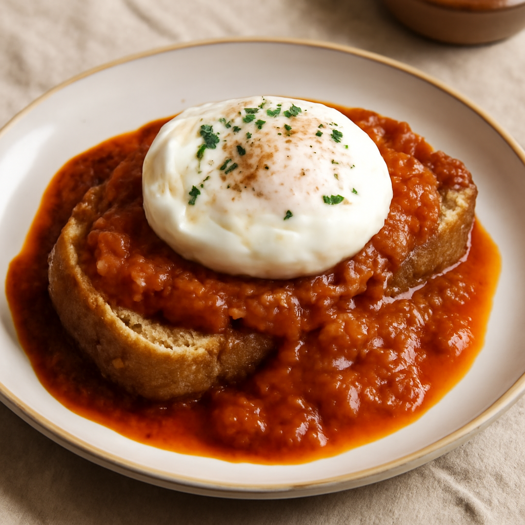 Foto di Uovo in camicia su pane con sugo al pomodoro
