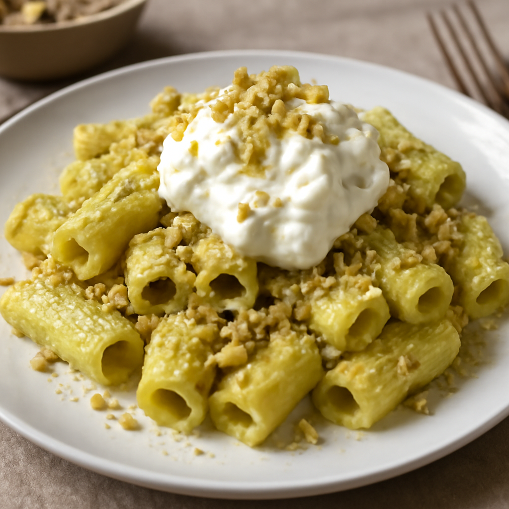 Pasta al pistacchio con panna, cipolla, Grana Padano e burrata