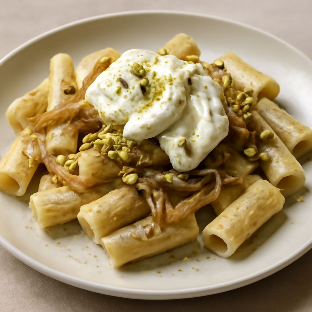 Pasta con cipolla, pistacchio, panna e burrata