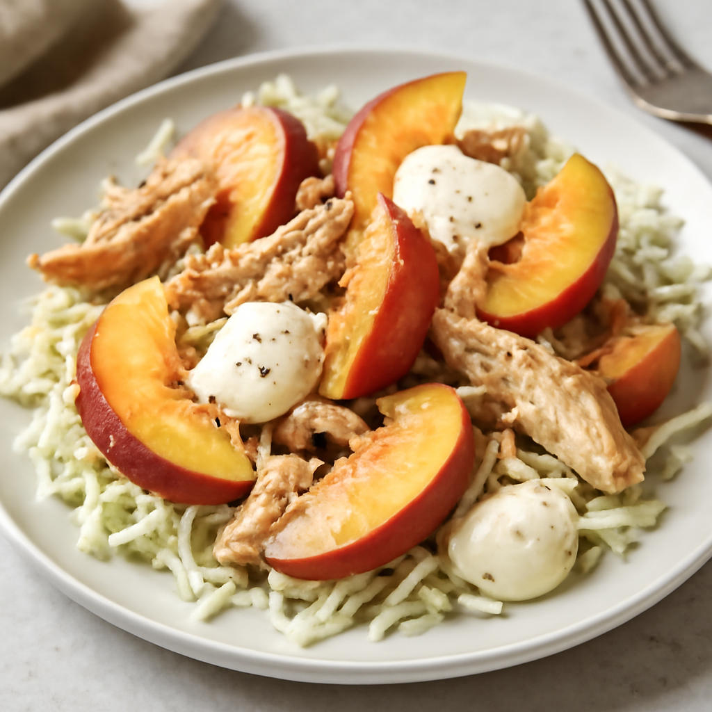 Insalata di pollo, pesche, maionese e cavolo cappuccio