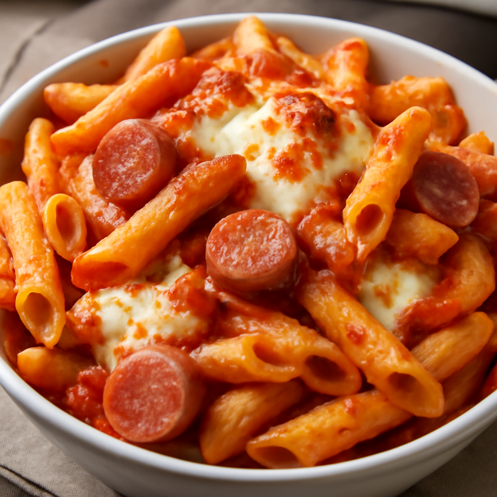 Pasta al forno con wurstel, mozzarella e pomodoro