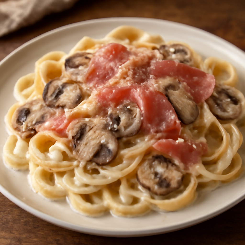 Pasta cremosa con funghi, prosciutto crudo e formaggio