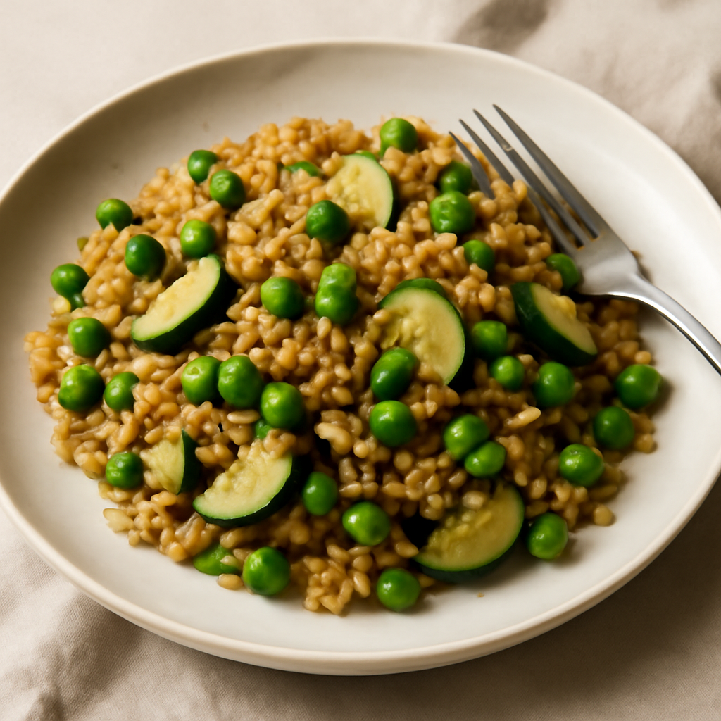 Foto di Riso saltato con piselli, zucchine e salsa di soia