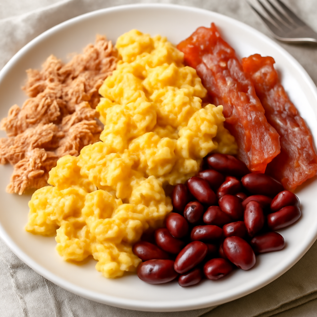Uova strapazzate con tonno, bacon e fagioli rossi