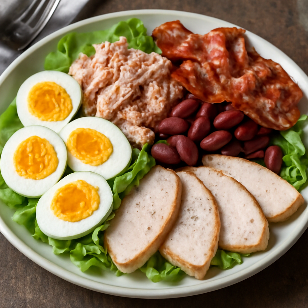 Foto di Insalata proteica con uova, tonno, bacon, fagioli rossi e tacchino