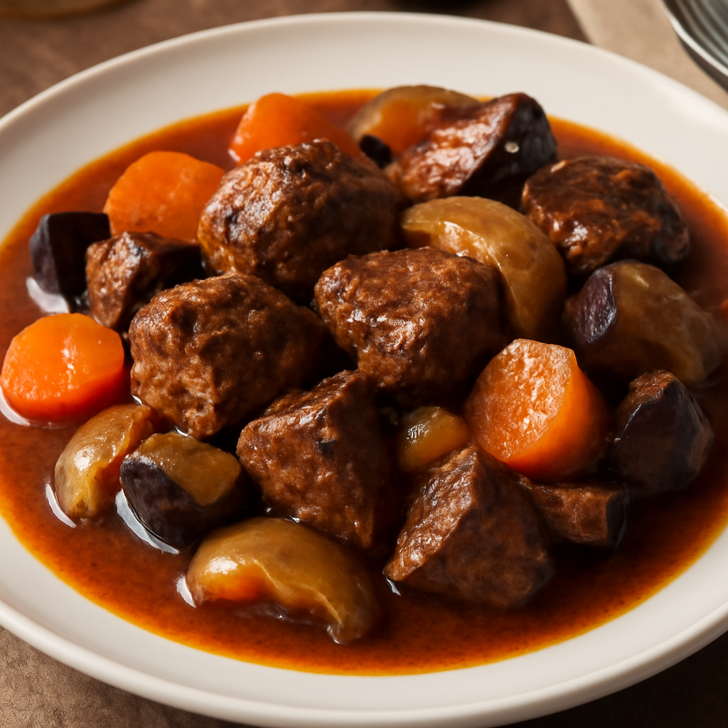 Stufato di manzo con carote, cipolle e melanzane