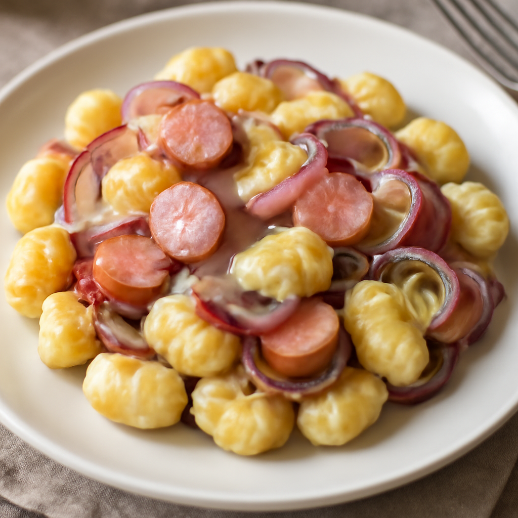 Foto di Gnocchi con wurstel, cipolla di Tropea e formaggio