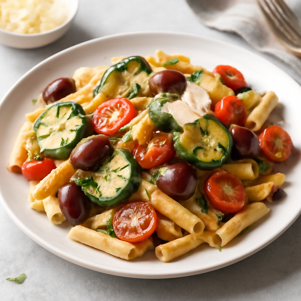 Pasta con zucchine, pomodori, grana Padano e olive