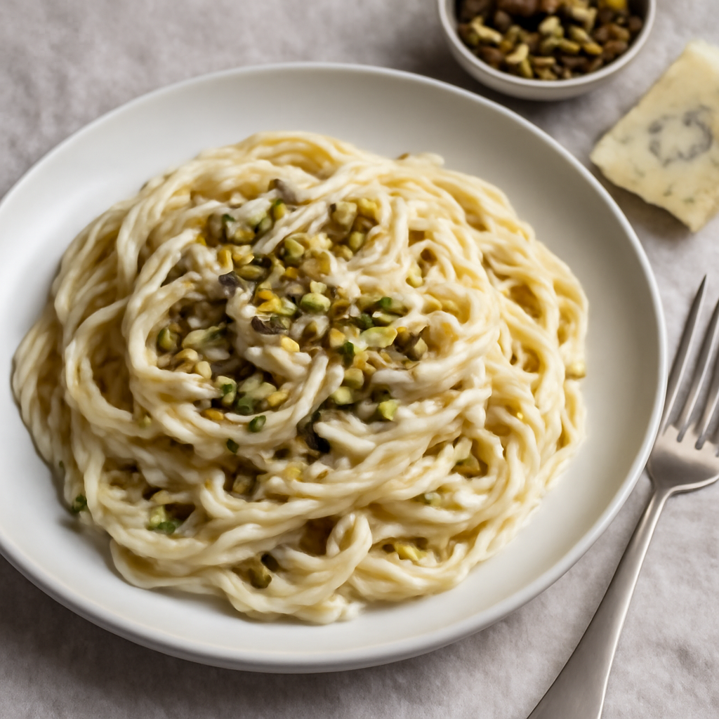 Spaghetti con crema di zola e pistacchi
