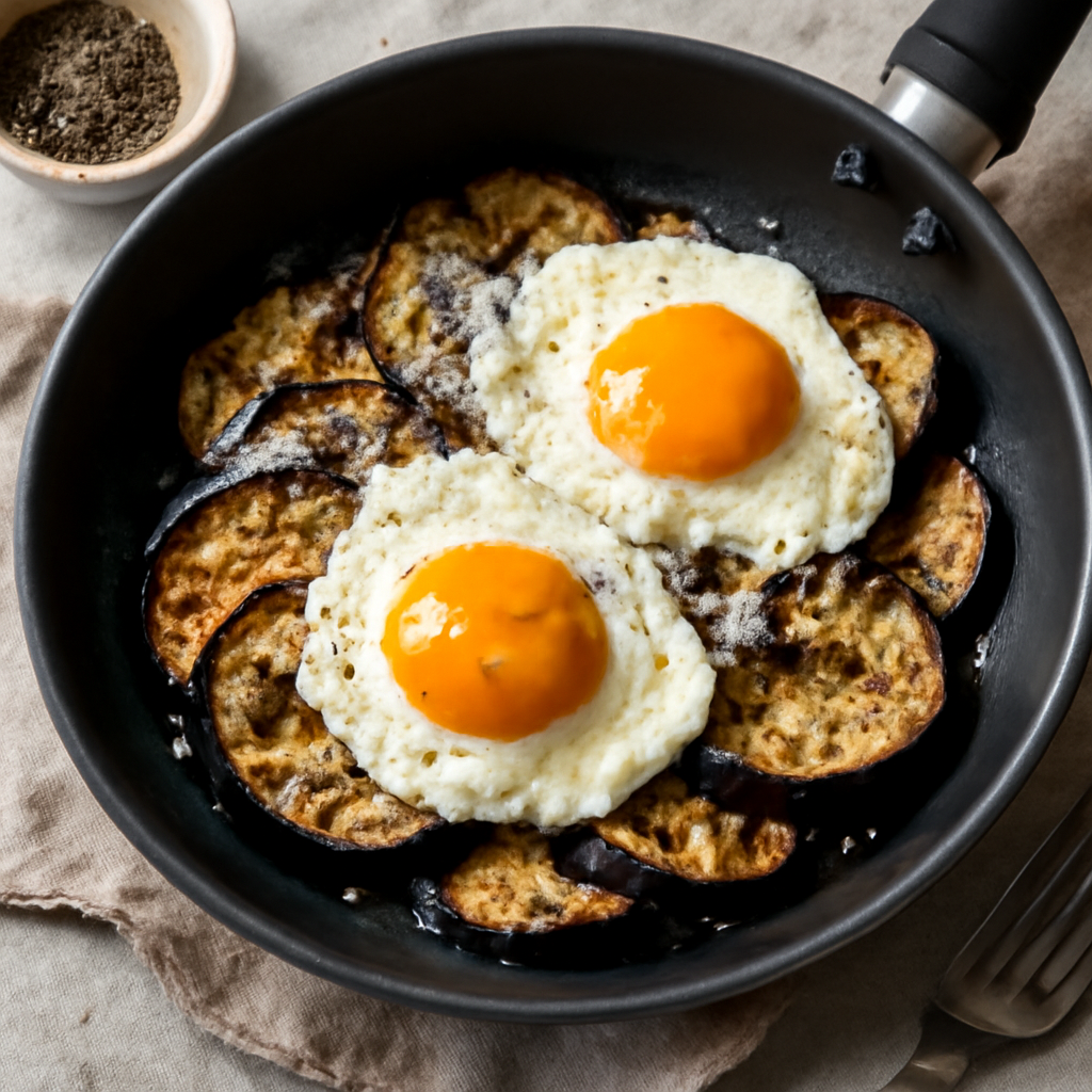 Foto di Uova al tegamino con melanzane e pecorino