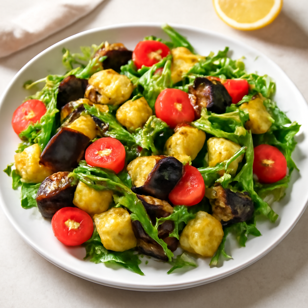 Insalata tiepida di melanzane, patate, pomodori e rucola al limone