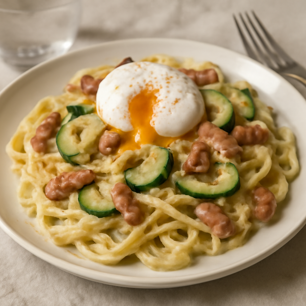 Foto di Pasta cremosa con pancetta, zucchine e uovo