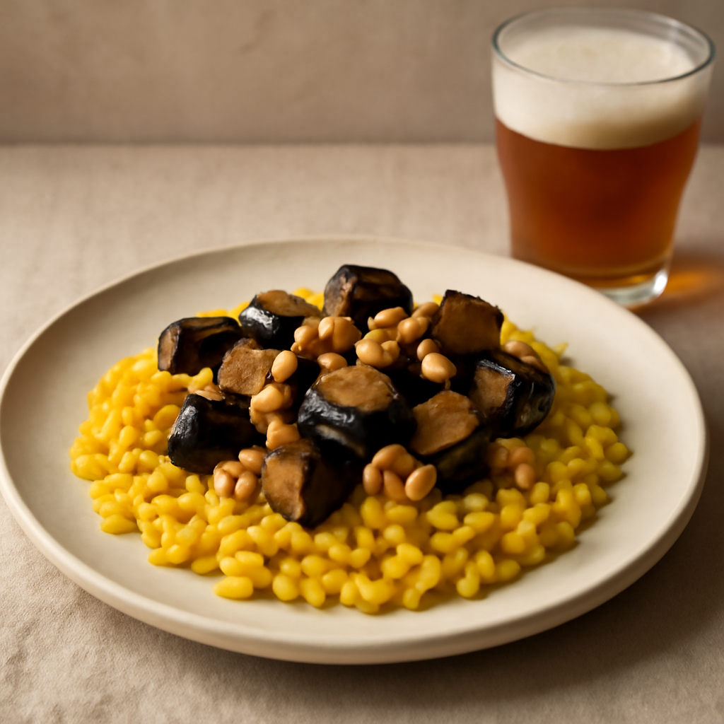 Riso allo zafferano con melanzane e arachidi sfumato alla birra