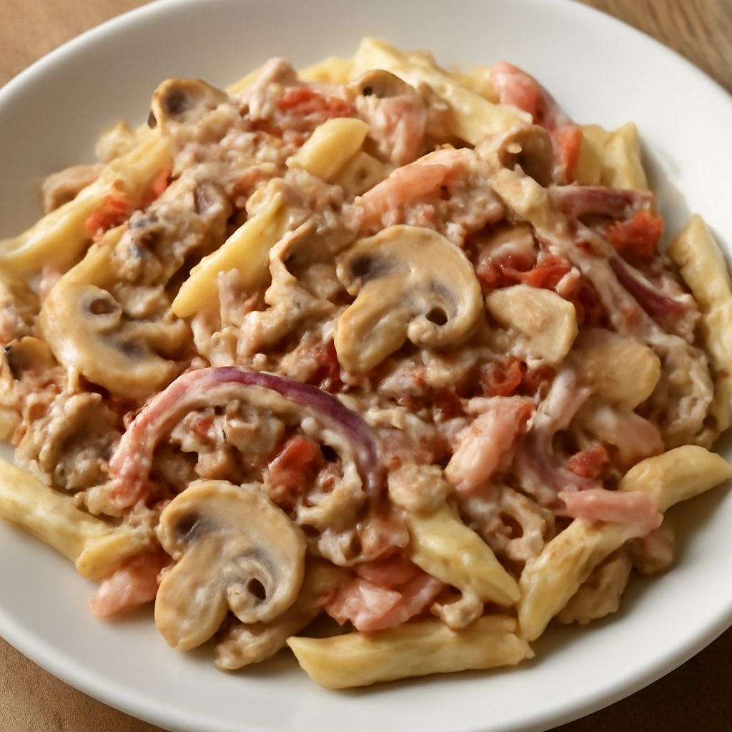 Foto di Penne alla panna con funghi, cipolla di Tropea, tonno, prosciutto cotto e guanciale