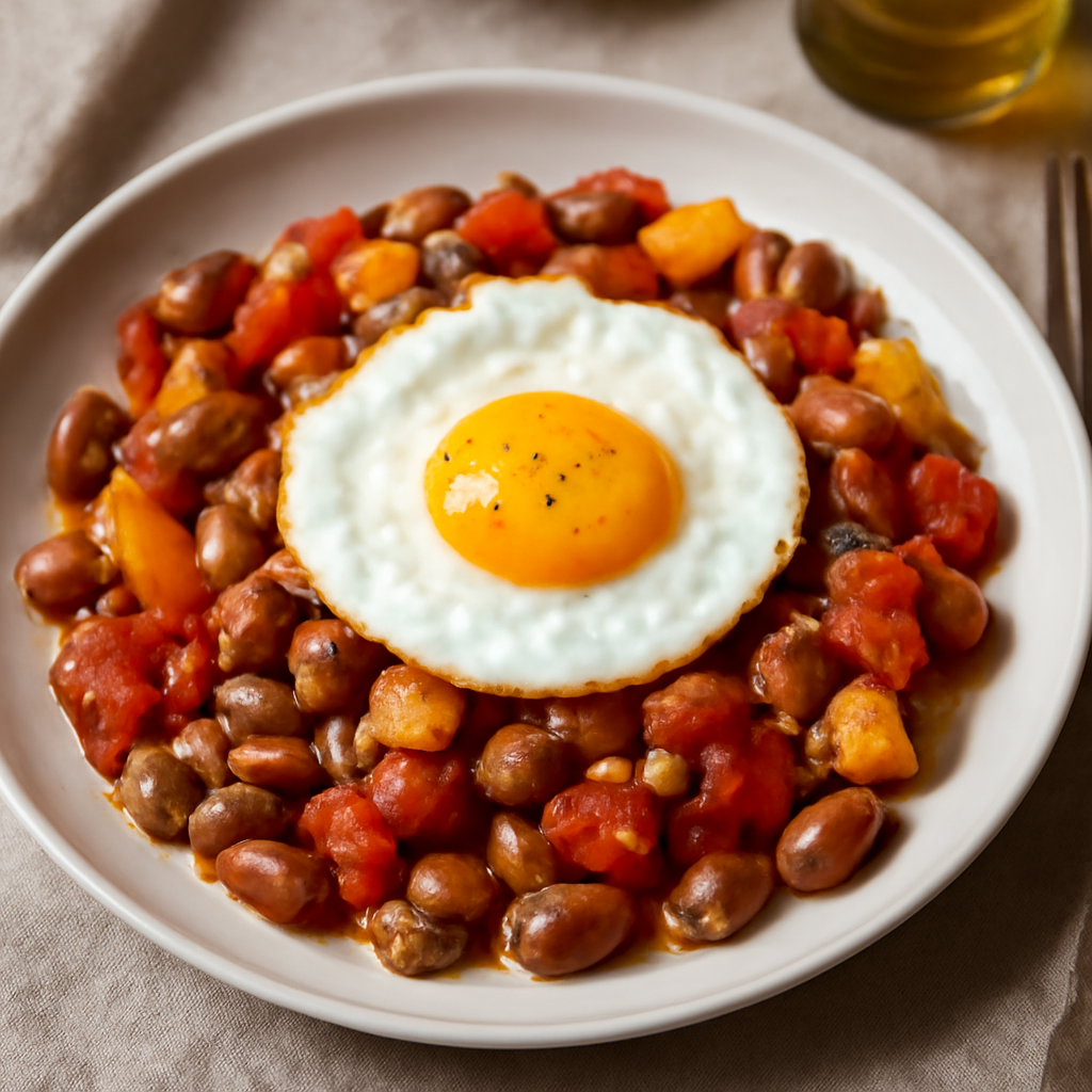 Padellata di borlotti, peperoni, pomodori e fiocchi d'avena con uovo