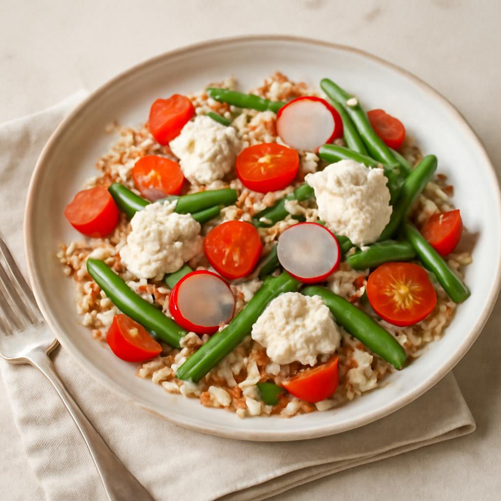 Insalata di riso e quinoa con ricotta, pomodorini, ravanelli e fagiolini