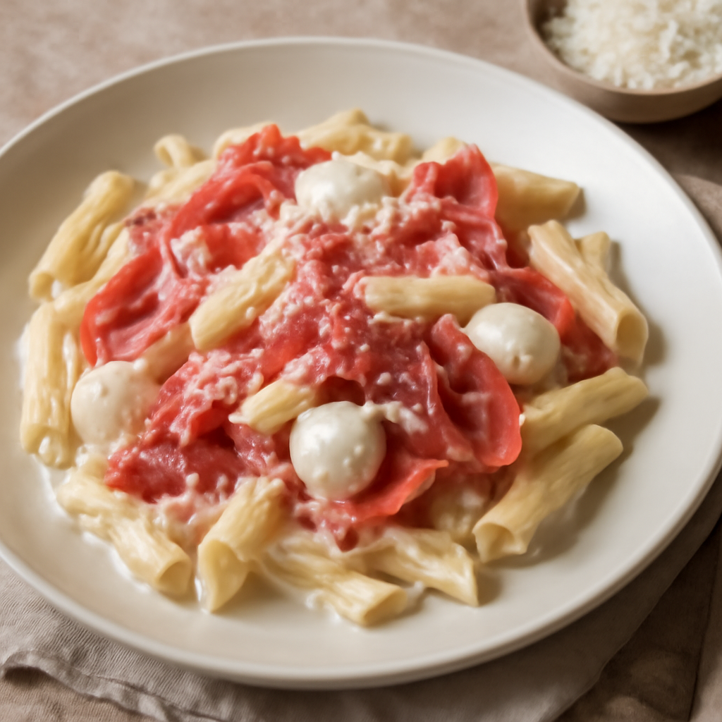 Pasta cremosa con prosciutto crudo, mozzarella e parmigiano