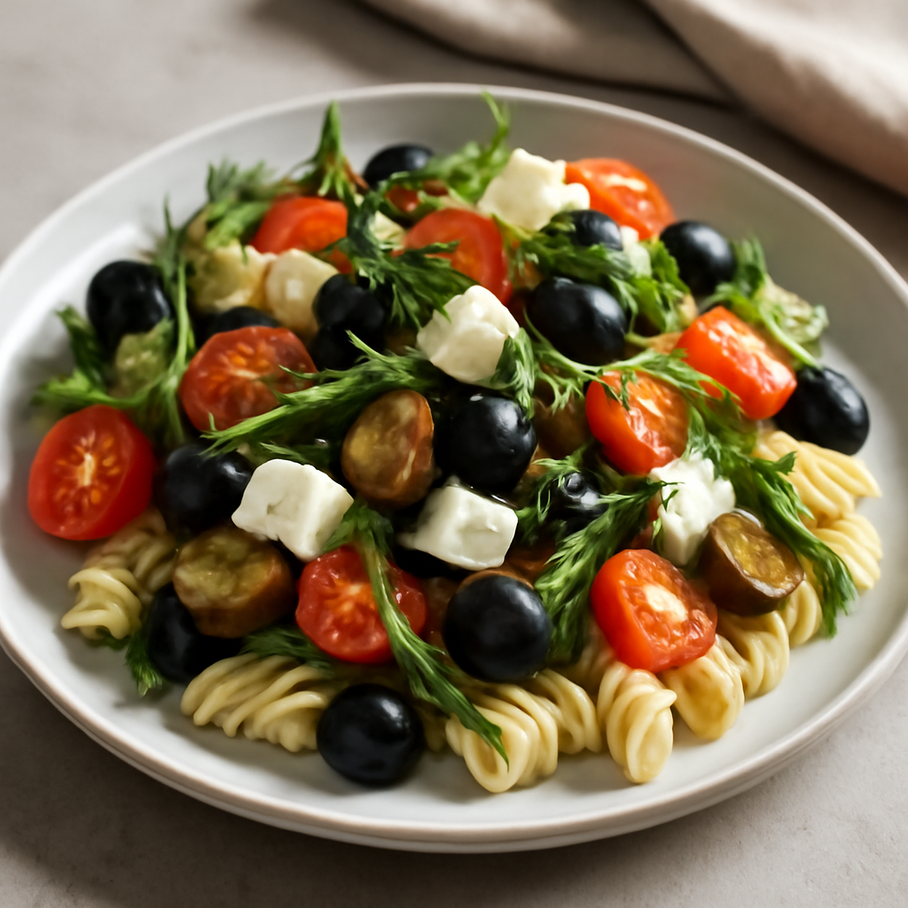 Foto di Pasta fredda con olive nere, rucola, feta, melanzane e pomodorini