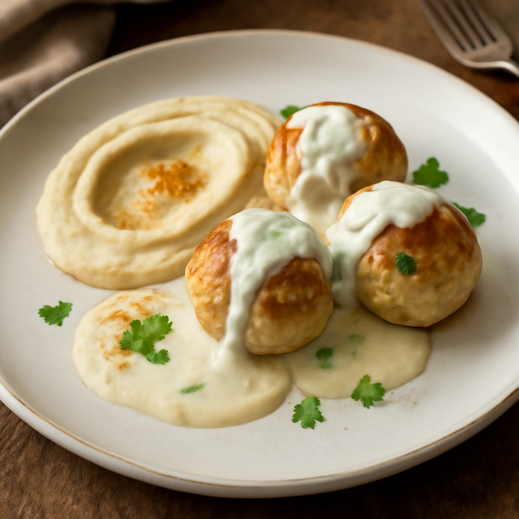 Polpettine di pollo al gorgonzola con salsa besciamella e hummus