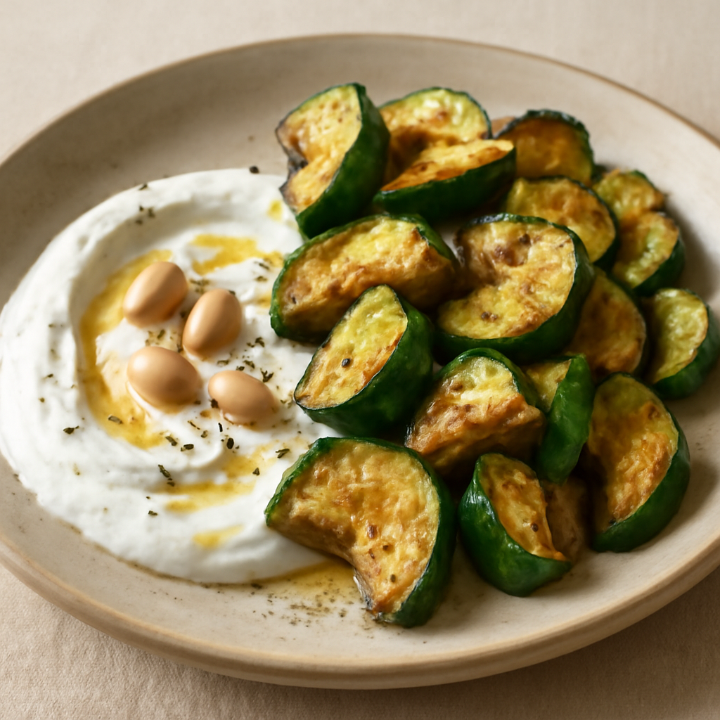 Zucchine saltate con crema di yogurt al caffè e fagioli