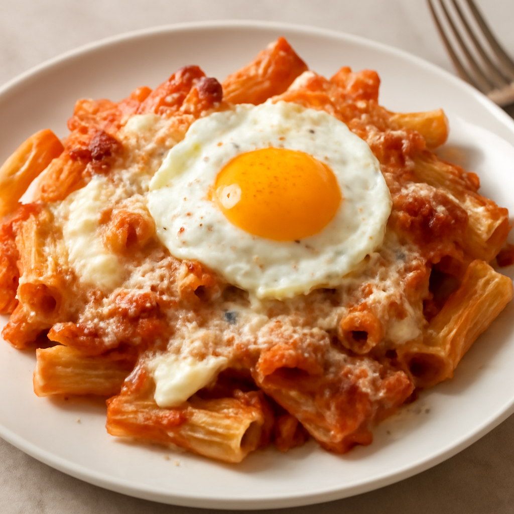 Pasta al forno con salsa di pomodoro, mozzarella, grana e uovo