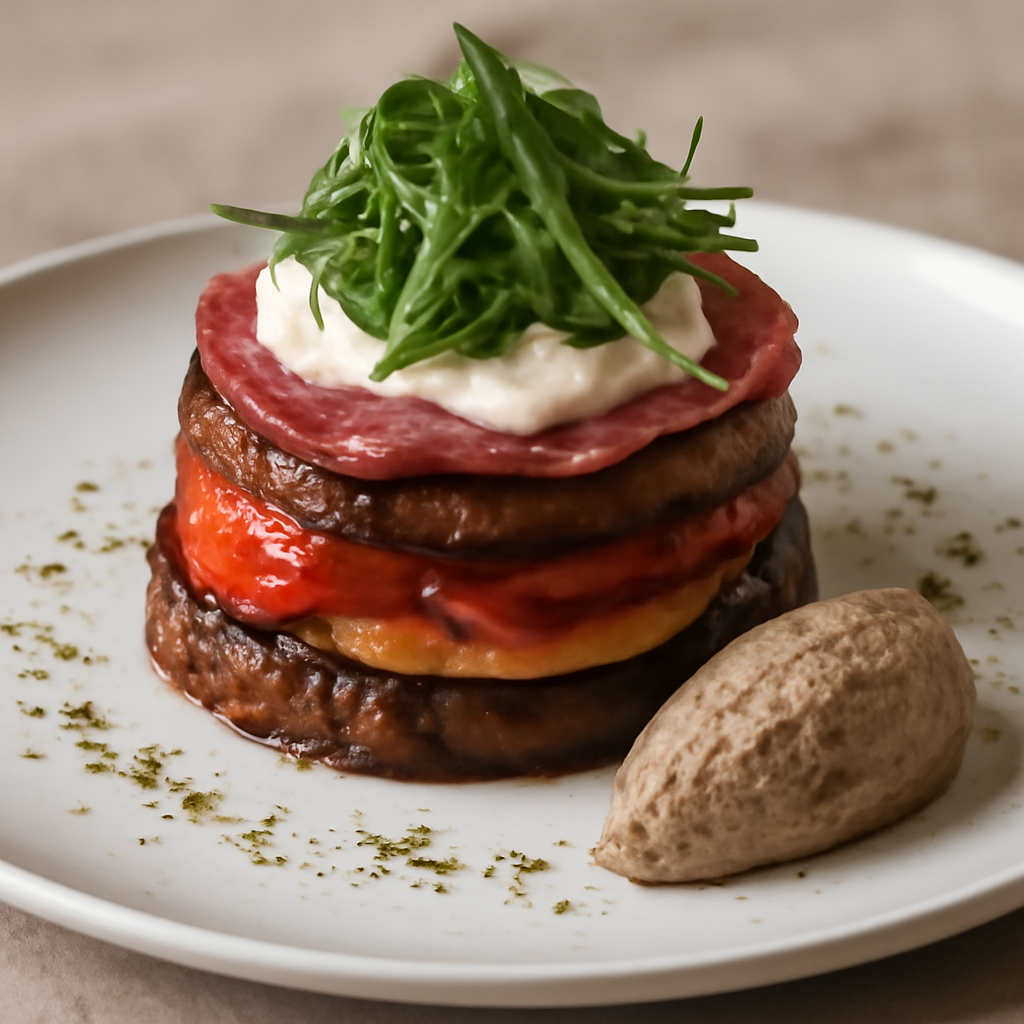 Tortino di melanzane, peperoni e speck con robiola e mousse di olive