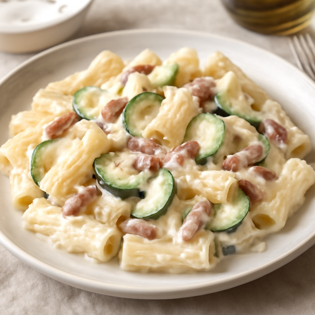 Pasta cremosa con zucchine, pancetta e Philadelphia