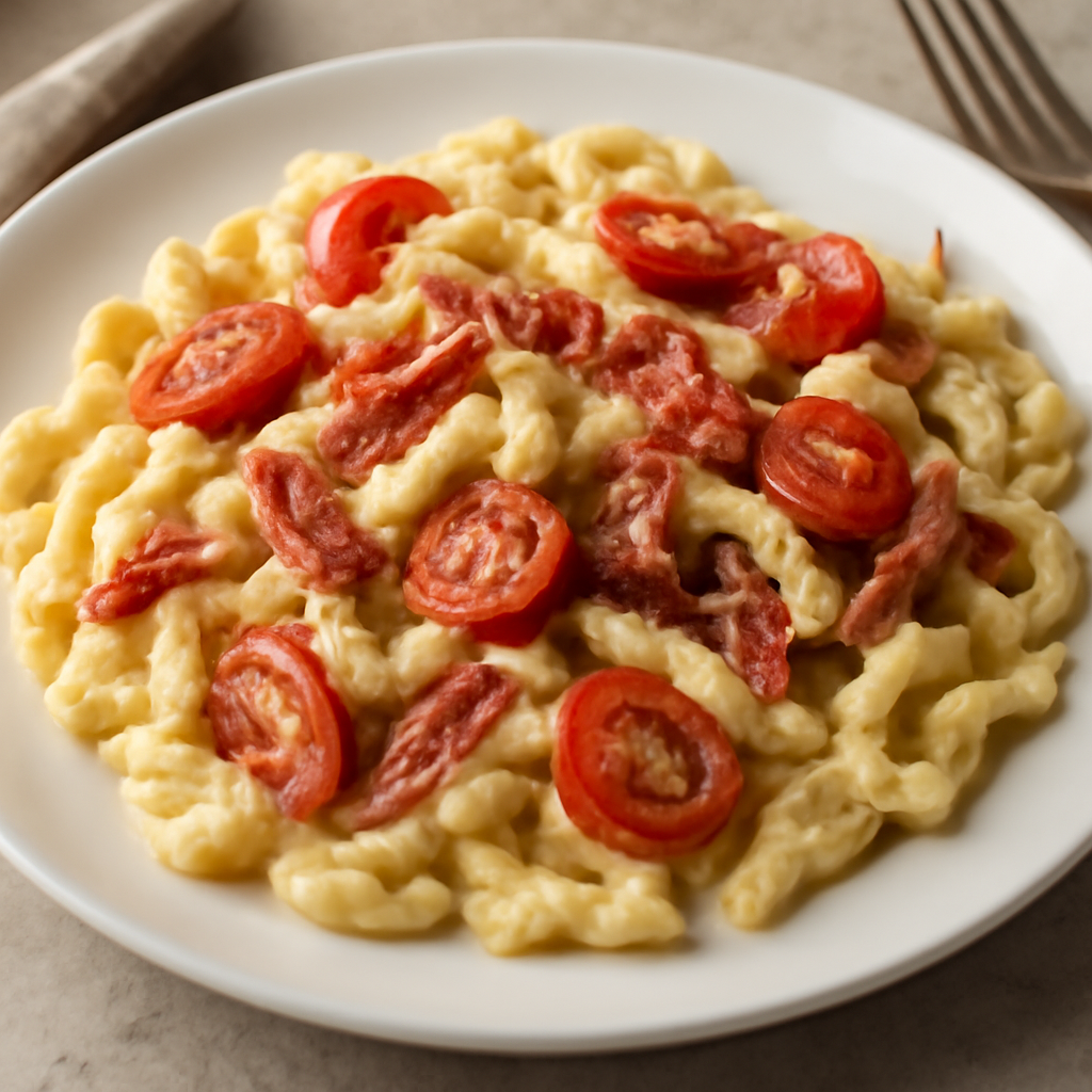 Spätzle con panna, pancetta e pomodorini